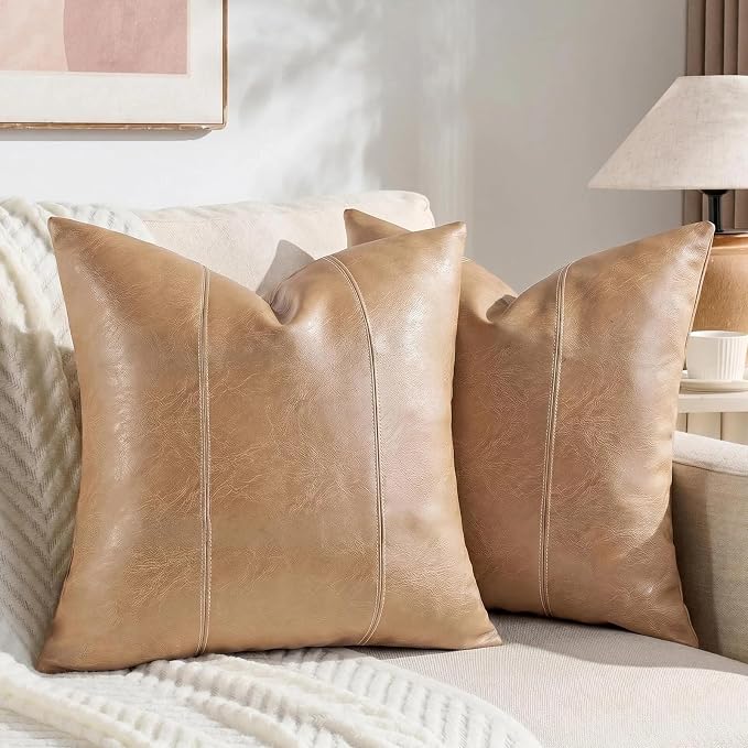 Fancy Homi Tan Decorative Throw Pillow Covers 16x16 Inch for Living Room Couch Bed, Modern Farmhouse Boho Home Decor, Faux Leather Hand Stitched Beige Accent Square Cushion Case 40x40 cm