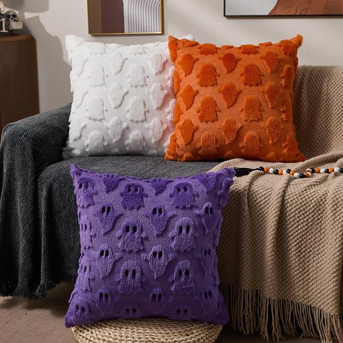 DFXSZ Halloween Pillow Covers 18x18 inch 2Pcs Orange Ghost Halloween Decor | Halloween Decorations Set of 2 Throw Pillow Cases Plush Faux Fur Wool Cushion for Chair Sofa Bedroom Living Room Home Decor