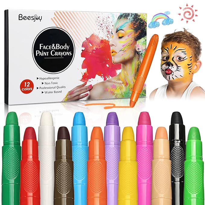 Beesjuy Face Painting Kits for Kids,12 Color Water Based Face Paint Kit, Washable Kids Body Paint for Makeup, for Birthday, Halloween, Thanksgiving Day, Cosplay Makeup, Gifts for Children