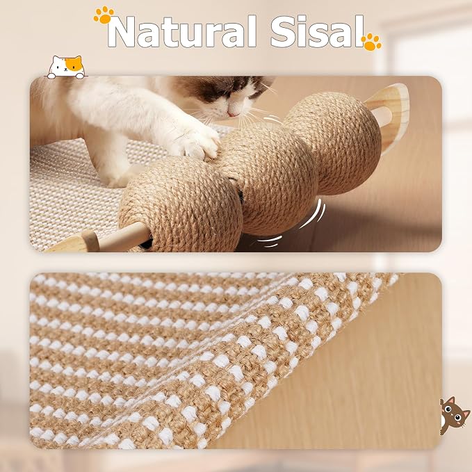 3 in 1 Sisal Cat Scratcher Bed, Solid Pine Cat Scratcher with Balls,Natural | Extra Large Cat Scratching Post with Hammock, Cat Scratcher for Scratch & Play & Rest, Cat Furniture for Indoor Cats, Kitten