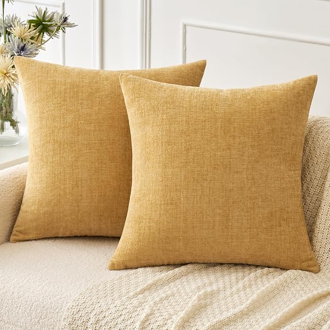 MIULEE Soft Chenille Throw Pillow Covers Gold 18x18 Inch Pack of 2 | Modern Home Decor, Classic Decorative Pillows, Solid Dyed Cases, Boho Couch Cushion Covers for Sofa Bed Living Room