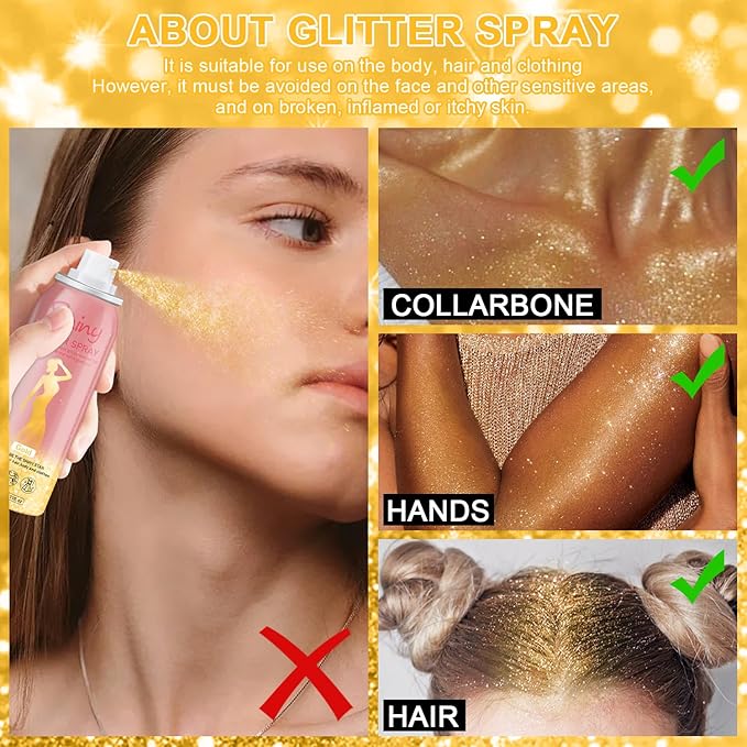 Hair and Body Glitter Spray, 60ml Gold Glitter Hairspray Dry Powder Makeup for Clothes, Festival Rave Prom Loose Sparkle Powder,Holographic Ultra Fine Glitters for Crafts (Gold)
