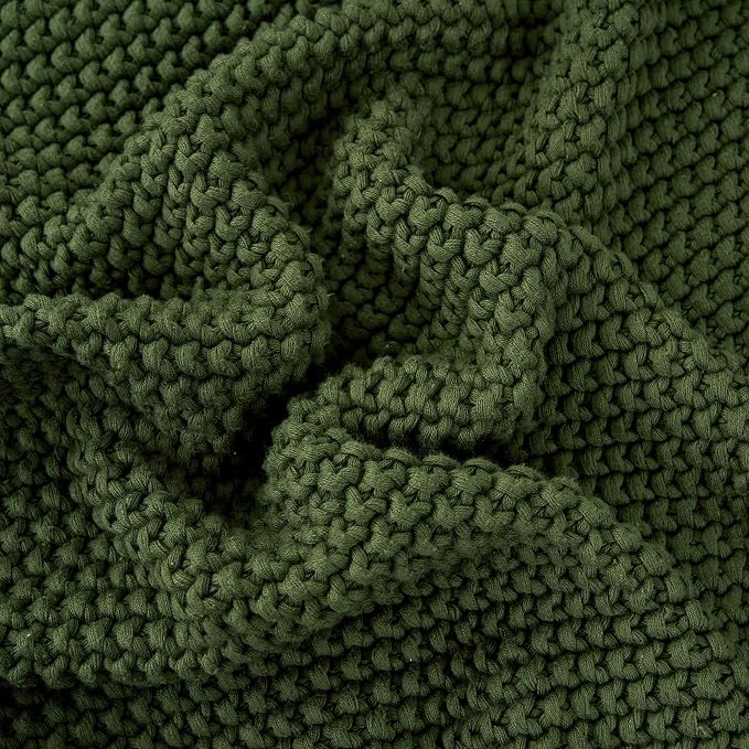 Chunky Cable Knit Throw Blanket Lightweight Olive Green 100% Organic Cotton Blanket for Sofa Couch Bed Baby Nursery, Rustic Shabby Chic Modern Farmhouse, 51” x 63” Give Laundering Bag