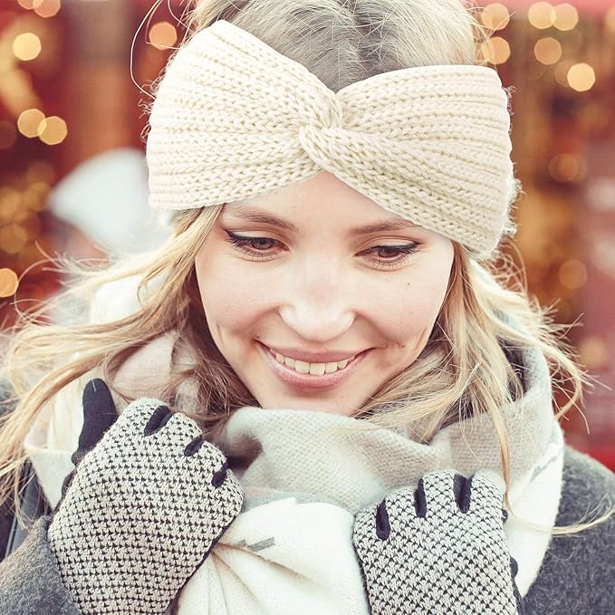 Whaline 5 Pieces Winter Knit Headbands Chunky Knit Headbands,4 Elastic Turban Head Wraps and 1 Pearl Crochet Hair Band, Ear Warmer Crochet Head Wraps for Women Girls (Gray & Brown Colors)