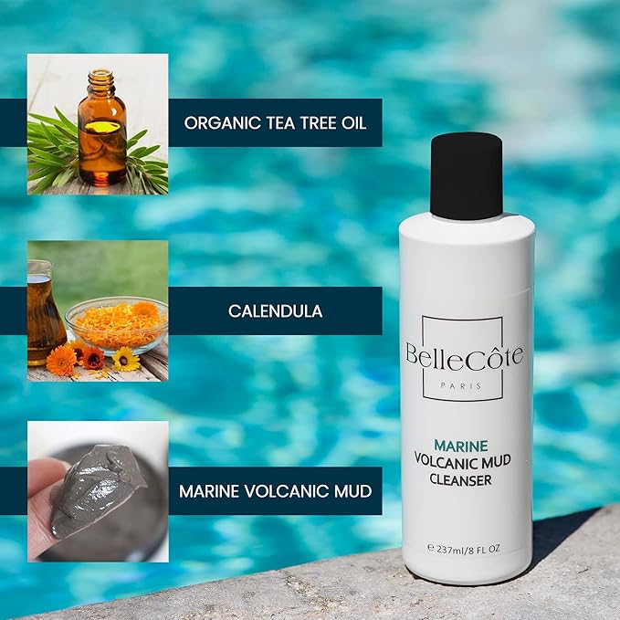 BelleCôte Paris Marine Volcanic Mud Face Cleanser - Detoxifying Clay Oily & Combination Skin, Pore Reduction and Acne | Ideal Face Cleanser for Men & Women Especially After a Vigorous Workout