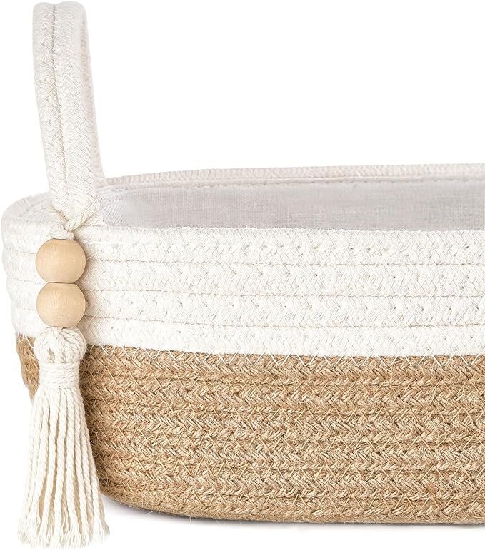 Mkono Toilet Paper Basket, Boho Bathroom Decor, Small Storage Organizer | Brown and White, 15.7"L x 6"W, Back of Toilet Basket, Decorative Woven Tray with Handles, Space-Saving, Living Room Bedroom