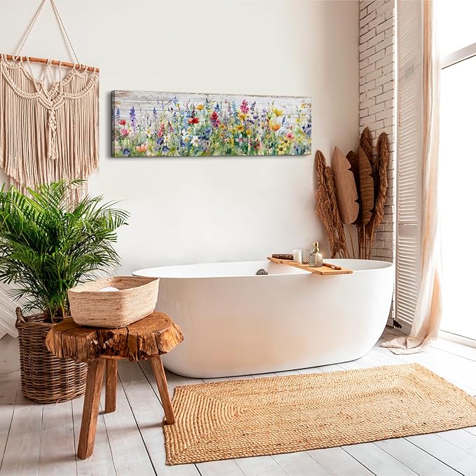 Rustic Wildflower Wall Art Colorful Farmhouse Floral Scenery Picture Decor Watercolor Flower Landscape Wood Grain Prints Painting Artwork for Living Room Office Bathroom Bedroom Home Decoration 14x48"