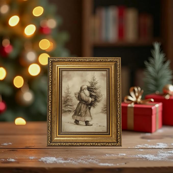 Fantasy Artists Christmas Framed Canvas Wall Art, Vintage Santa Claus Carrying Christmas Tree Gold Frame Print, Classic Holiday Wall Decor for Living Room Bedroom Entryway, Ready to Hang, 8" Wx10 H