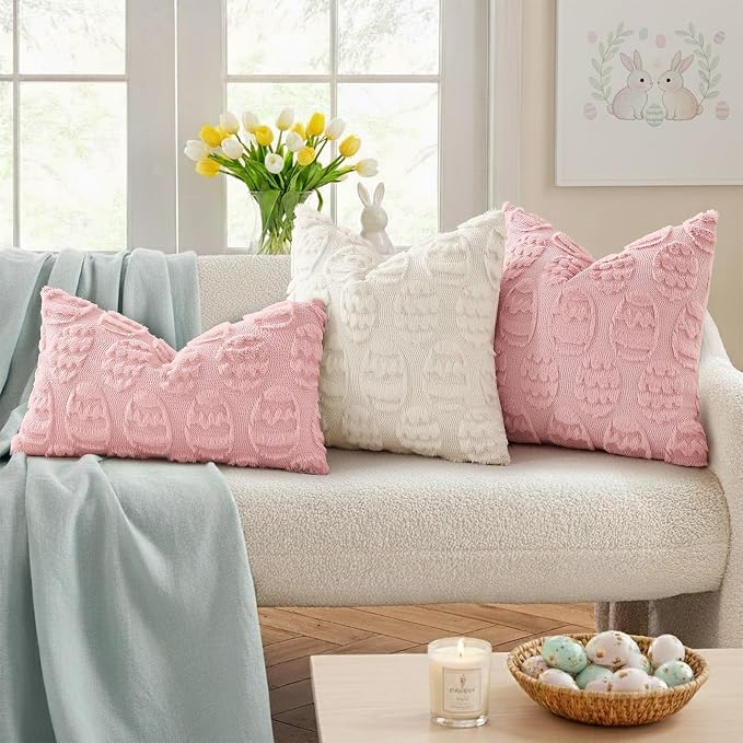 decorUhome Pink Faux Fur Egg Throw Pillow Covers 18x18 Set of 2 | Plush Soft Wool Jacquard Pink Cushion Covers, Modern Farmhouse Neutral Easter Holiday Decor Pillow Covers for Couch Sofa Bed