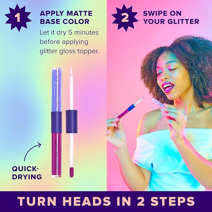 UNICORN SNOT Quiet Riot Glitter Lip Duo | 2-in-1 Set: Matte Lipstick & Plastic-Free Glitter | 0.15oz Purple Lipstick & 0.16oz Gloss, Astro
