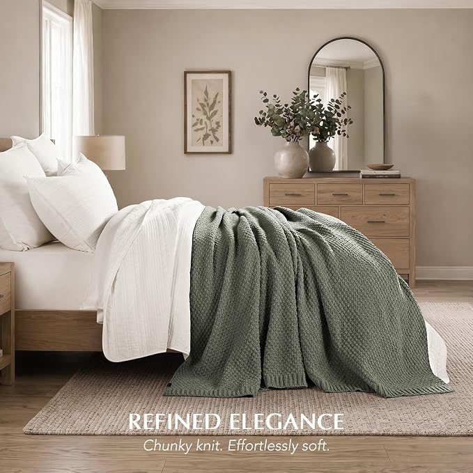 EVERGRACEHOME Chunky Chenille Knit Throw Blanket, 108x92, Dried Thyme Green | Sculpted Moss Stitch, Chic Modern Farmhouse, All-Season Warmth, OEKO-TEX® Certified, Oversized King for Couch, Bed, Sofa