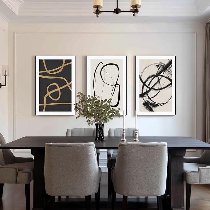 SAFERRYHOME Abstract Graffiti Black and White Wall Art,3 Panels 24x36 Inch | Black and Gold Framed Canvas Print Set, Mid-Century Modern Geometric Sketches Lines for Living Room, Bedroom, Office, Hallway