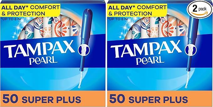 Tampax Pearl Tampons Super Plus Absorbency, with Leakguard Braid, Unscented, 50 Count (Pack of 2)