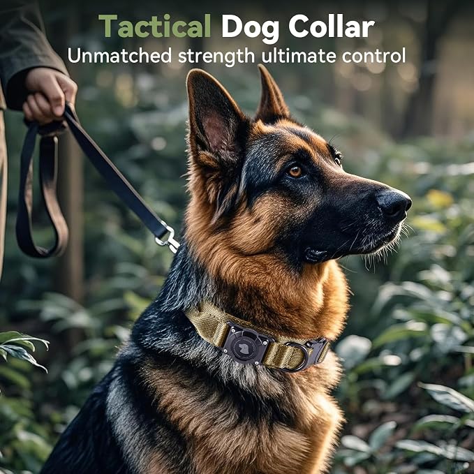 2026 Upgrade Waterproof Tactical AirTag Dog Collar, Built in AirTag Holder | Comfortable Control Handle, Quick Release Metal Buckle, Durable 1000D Nylon, For Medium to Large Dogs, Khaki, XL