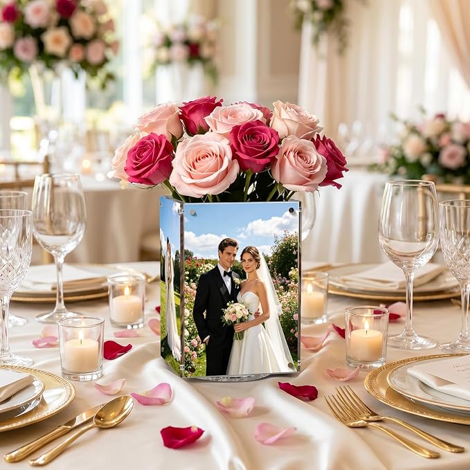 Rotating Acrylic Decorative Box for Table, 360° Acrylic Vase with 4 Sided Clear 4x6 Inch Picture Frame Photo Display Holder Table Numbers for Wedding Party, Replaceable Menu Holder for Restaurant