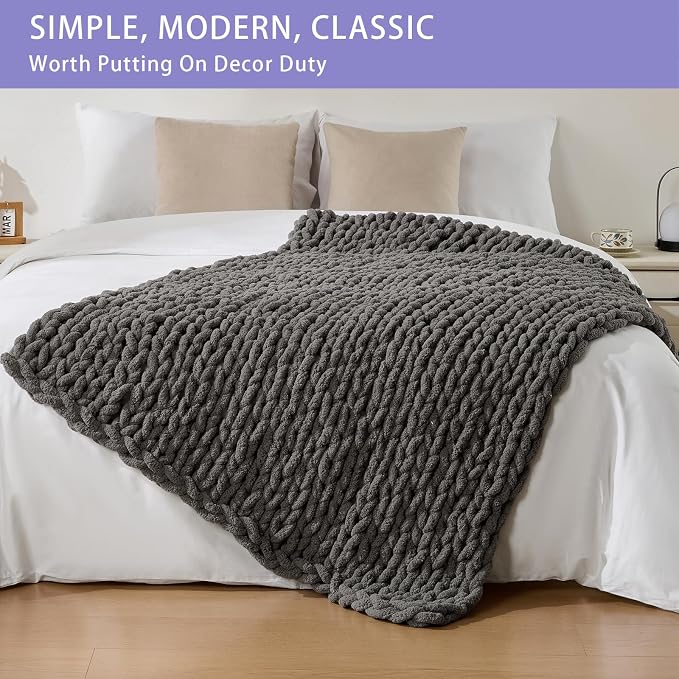 Bigacogo Chunky Knit Throw Blanket for Couch, 40x60 inches, Slate Gray | Hand Knit with Jumbo Chenille, Soft Breathable Cable Knit for Sofa Bed Living Room, Machine Washable, Gift for Mom Friend