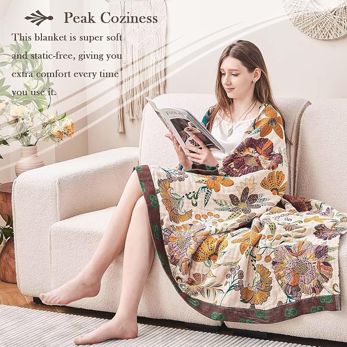 XIBLC Boho Throw Blanket, 100% Cotton Ultra Soft Luxury Throw Rustic Quilt, 60"x80" Floral Printed Farmhouse Decor Bed Summer Blankets, All Season Rustic Reversible Bohemian Throw for Bed - White