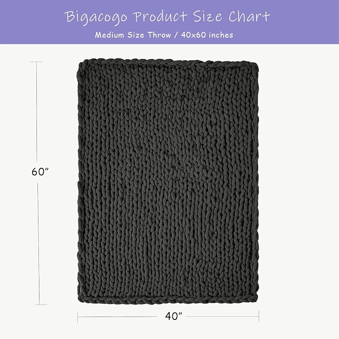 Bigacogo Chunky Knit Throw Blanket for Couch, 40x60 inches, Dark Grey | Hand Knit with Jumbo Chenille, Soft Breathable Cable Knit for Sofa Bed Living Room, Machine Washable, Gift for Mom Friend