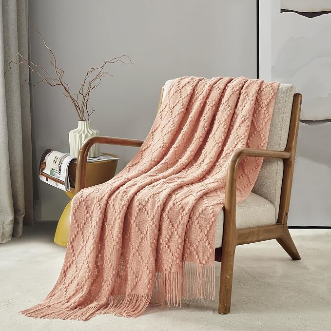 BOURINA Orange Throw Blanket 50 x70 Inch Jacquard Throw Knitted Blanket | Jacquard Argyle Throw Textured Solid Soft Throws and Blankets for Sofa or Bed Knitted Decorative Blanket