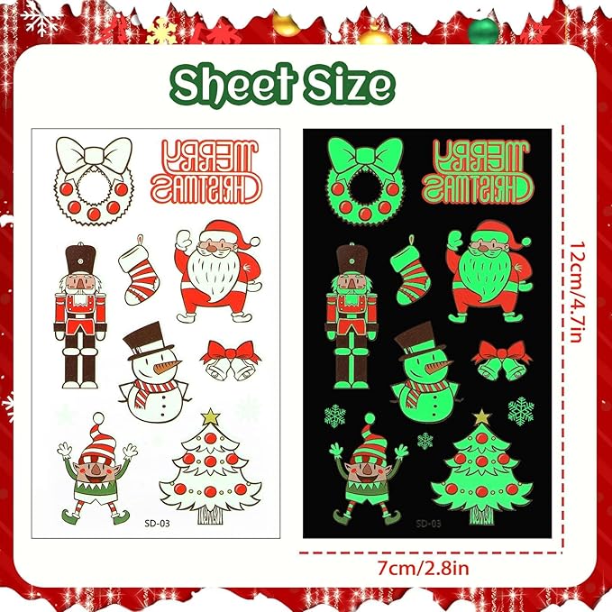 JUNEBRUSHS Glowing Christmas Temporary Tattoos for Kids, 20 Sheets Kids Tattoos Christmas Stocking Stuffers Glow in the Dark Decorations for Boys Girls Christmas Face Makeup Gift Filler