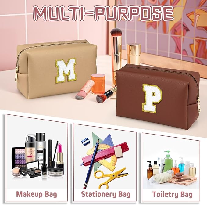 TOPEAST Birthday Gifts for Girls, Travel Makeup Bag Chenille Letter Pouch Cosmetic Bag, Makeup Travel Organizer, Monogrammed Bridesmaid Gifts for Women, Cute Stuff for Girls (Brown J)