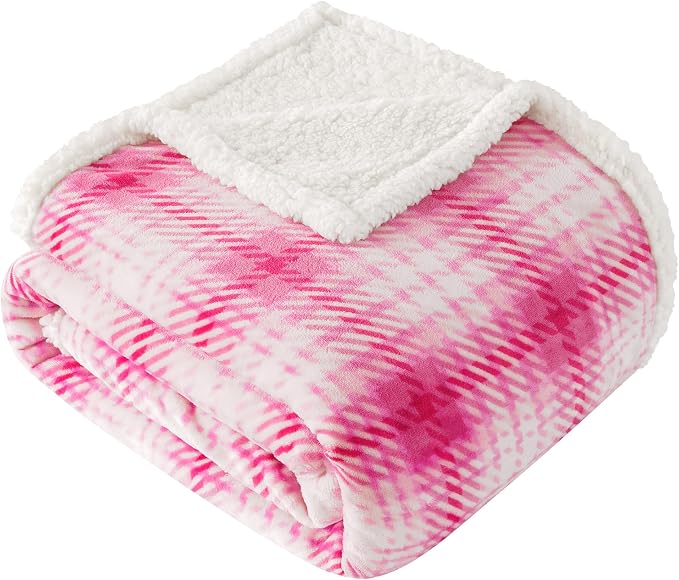 Sherpa Plaid Throw Blanket, 60" X 70" Fuzzy Fluffy Cozy Soft Blanket, Fleece Flannel Plush Twin Size Microfiber Blanket for Couch Bed Sofa, White&Pink