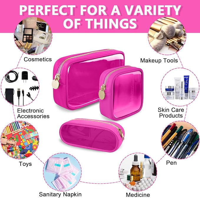 UIXIZQ Clear Mini Makeup Bag, Small Nylon&PVC Cosmetic Travel Bag TSA Approved Toiletry Bag with Zipper, Preppy Transparent Coin Purse for Women Men Girls(Mini-Hot Pink)