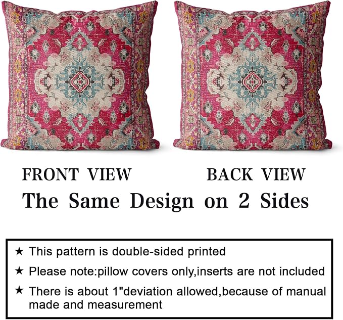 Snycler Boho Throw Pillow Covers 20x20 inch Set of 2 Boho Rug Carpet Double Sided Pattern Cotton Soft Pillow Case Cushion Cover Pillowcase for Couch Sofa Bed Decorative (Red)