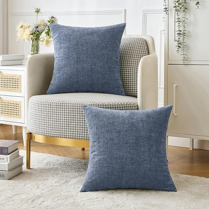 MIULEE Soft Chenille Throw Pillow Covers Dark Grey Blue 18x18 Pack of 2 | Modern Coastal Home Decor, Classic Decorative Pillows, Solid Dyed Cases, Boho Couch Cushion Covers for Sofa Bed Living Room