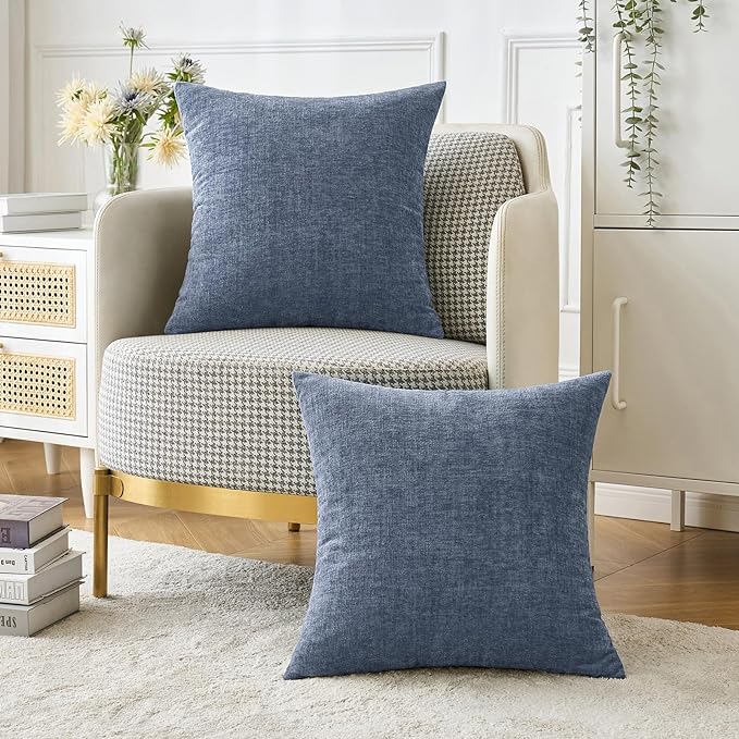 MIULEE Soft Chenille Throw Pillow Covers Dark Grey Blue 16x16 Pack of 2 | Modern Coastal Home Decor, Classic Decorative Pillows, Solid Dyed Cases, Boho Couch Cushion Covers for Sofa Bed Living Room