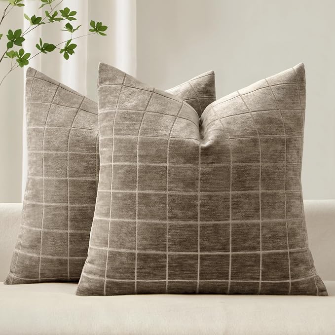 MIULEE Taupe Grey Plaid Decorative Fall Throw Pillow Covers 16x16 Set of 2 | Vintage, Check Chenille Couch Pillows, Boho Farmhouse Cushion Covers, Modern Home Decor for Sofa Bed Living Room