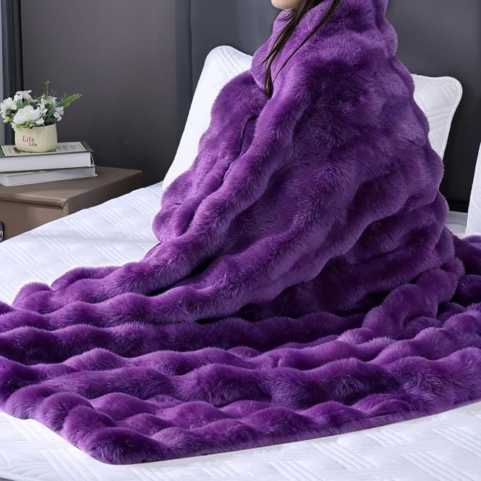 Purple Faux Fur Throw Blanket for Couch, Double-Sided Bubble Textured Plush Blanket with Soft Flannel Back, Decorative Throw for Sofa or Bed, Machine Washable, 60x80 Inches, 860 GSM