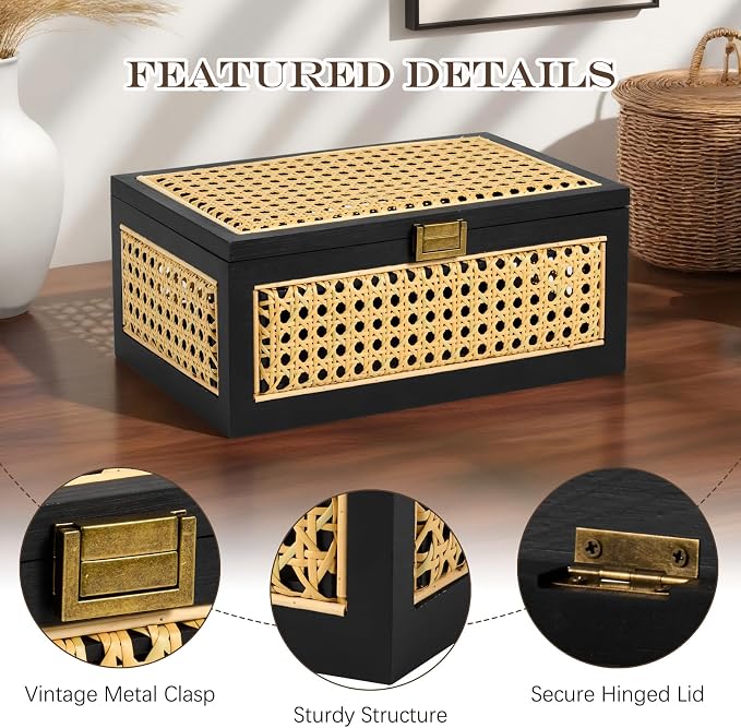 Rattan Storage Boxes Decorative Handmade Natural Wood Baskets | with Lid & Wooden Frame, Boho Rustic Wicker Stacking Woven Cane Bins, Shelf Closet Desk Organizer Container, Black, Small