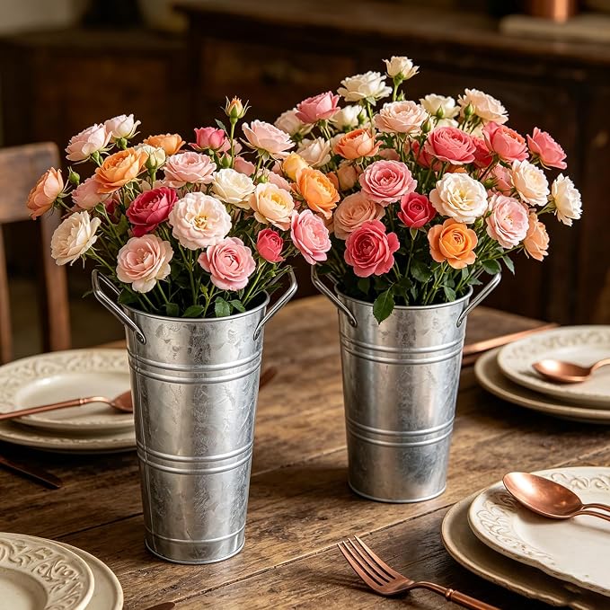 8 Pack Galvanized Metal Flower Buckets, 10 Inch French Country Style Decor Planter Rustic Vintage Tin Vase with Handle Farmhouse Style Floral Container Wedding Table
