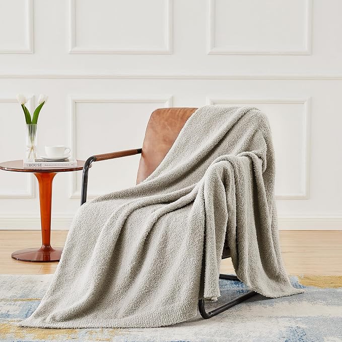 Super Soft Knit Throw Blanket Twin Size Light Grey-Lightweight Plush Fuzzy Fluffy Warm Cozy Blankets and Throws for Sofa Bed All Season Use, 60x80 inches