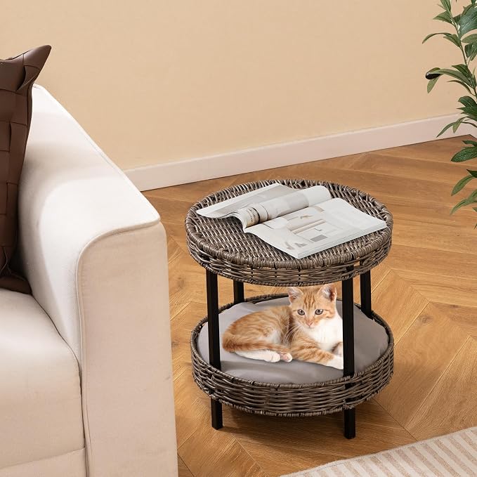 Tangkula 2-Tier Rattan Cat Nest, Wicker Kitten Condo with Removable Padded Cushion, Raised Cat Bed for Small Animals, Indoor & Outdoor Elevated Pet Shelter for Home, Deck, Balcony