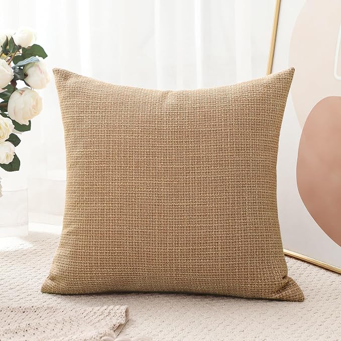 OTOSTAR Linen Throw Pillow Cover Set of 1 Decorative Square Pillowcases Cushion Covers 22x22 Inch for Home Decor Sofa Bedroom Car 55 x 55CM Light Brown