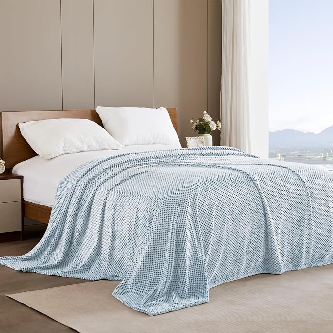 Exclusivo Mezcla Soft Waffle Fleece Bed Blanket Queen Size, Heather Blue | Lightweight Plush Blanket for Bed, Bedroom, Cozy Flannel with Waffle Texture, Stylish Home Decor, All Season, 90x90 Inches