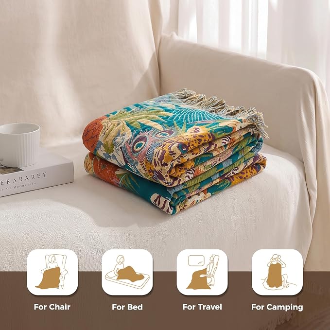 LUTBM Boho Throw Blanket for Bed 60"x80", All Season Cotton Couch Blankets | Reversible Leopard Jacquard, Gauze Twin Quilt, For Chair Sofa Living Room, Lightweight & Breathable, Whimsical Home Decor