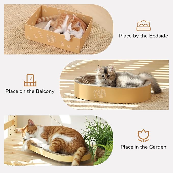 FUKUMARU 3PCS Cardboard Cat Scratcher Bed, Durable Oval Cat Scratch Pads | Round Cats Scratching Board Set, Large Scratcher Box for Indoor Cats, Kitten Scratcher Bowl, Couch Sofa Furniture Protector