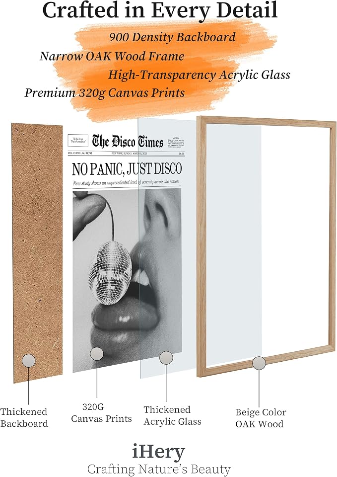 iHery 8x10in No Panic Just Disco Framed Newspaper Wall Art | Natural OAK Wood Frame with Canvas Print, Retro Disco Ball Decor for Bedroom, Girl Dorm, Living Room and Home, 1Pack