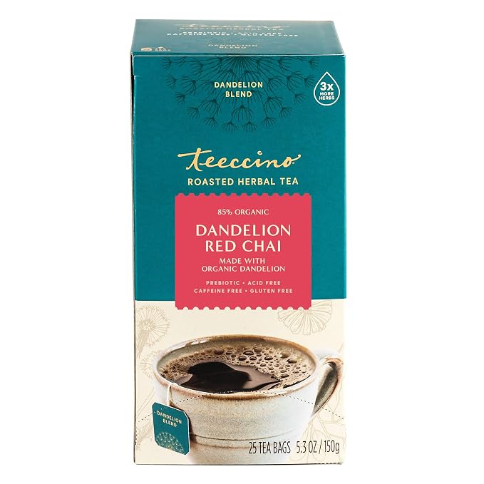 Teeccino Dandelion Red Chai Tea - 25 Tea Bags - Caffeine-Free, Roasted Herbal Tea with Prebiotics, 3x More Herbs than Regular Tea Bags, Gluten Free