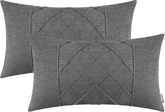 BRAWARM Chenille Throw Pillow Covers 12x20 Inches, Gray, 2 Pack | Decorative Lumbar Pleated Pillow Covers, Soft Cushion Cases for Sofa Bed Living Room Home Farmhouse (No Insert)