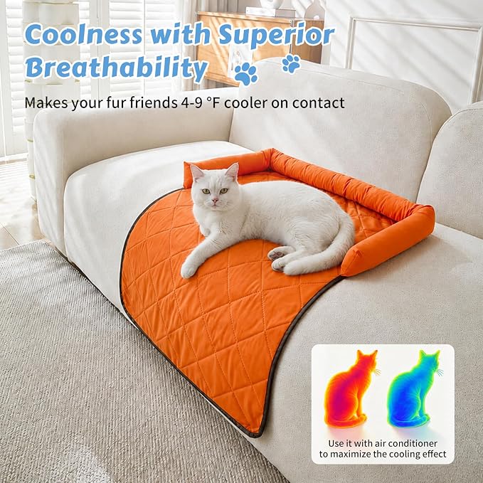 Cooling Dog Bed Mats with Neck & Head Support, 31.5 x 23.62 inch Orange | for Small and Medium Dogs & Cats, Non-Slip, Machine Washable, Protects Sofa from Fur & Scratches