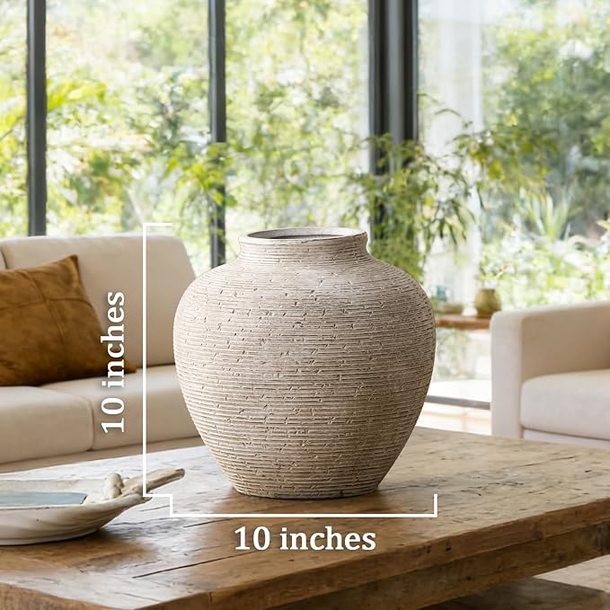 Vanselia Ceramic Flower Vase Home Decor - Large Tall Farmhouse Table Vases Rustic Vintage Living Room Kitchen Bedroom Decorations for House Book Shelf Office Coffee Desk Dining Fireplace (10" Retro)