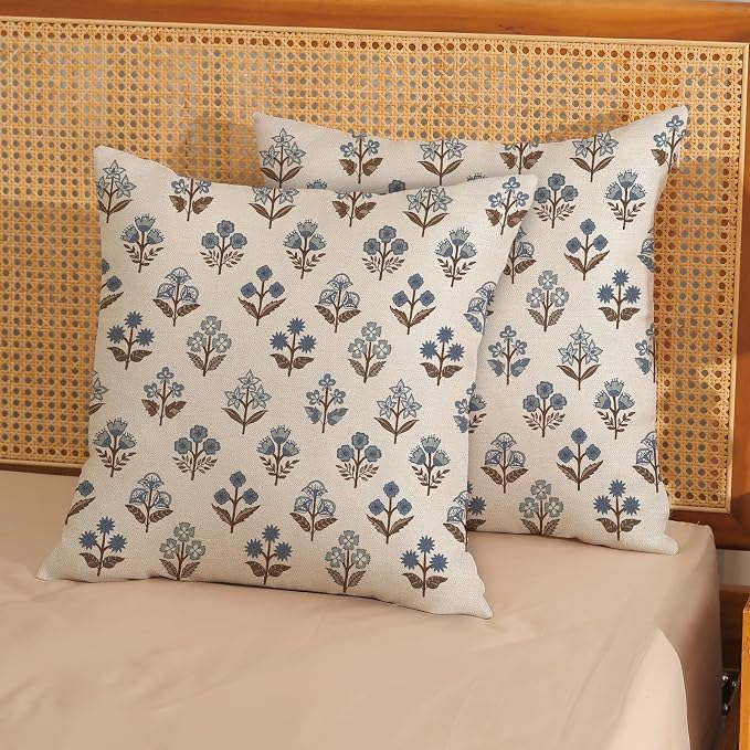 Brown Blue Pillow Covers 22x22 Inch Set of 2 Boho Block Print Floral Throw Pillows Vintage Flower Decorative Pillow Cases Outdoor Linen Farmhouse Cushion Cover for Couch Sofa Bed Decor