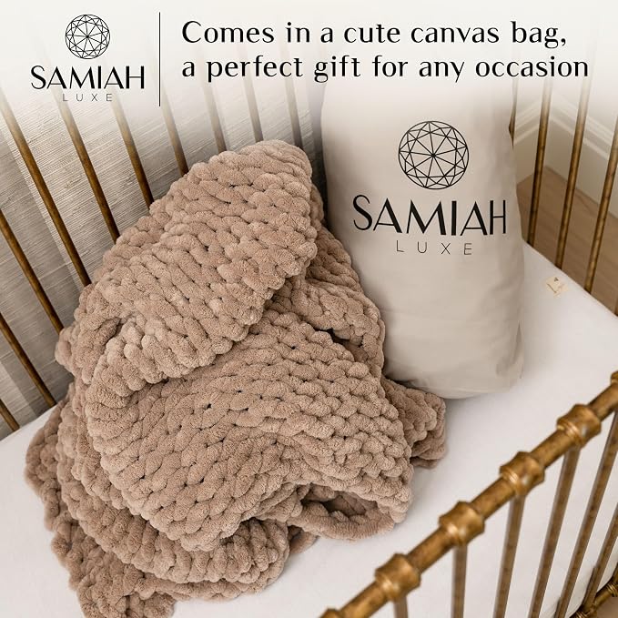 SAMIAH LUXE Chunky Knit Throw Blanket 50x30, Sandstone Brown Chenille Throw Blanket for Couch Bed Sofa, Soft Fluffy Cable Knit Blanket, Oeko-TEX Certified, Machine Washable