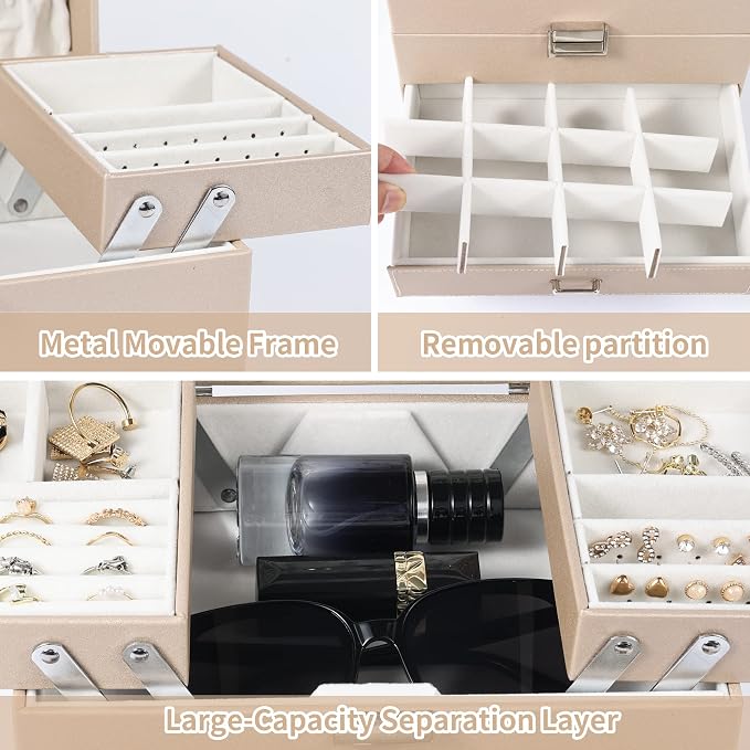 Jewelry Organizer Box, Large Jewelry Boxes for Women Girls, Space-Saving 4 Layers Jewelry Storage Case with Drawer, Movable Metal Stand, Modern, Gift Idea (Champagne + Silver)