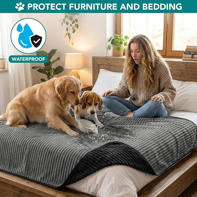 PetAmi Waterproof Dog Blanket, Leakproof Pet Blanket for Small Medium Large Cats, Soft Plush Reversible Sofa Couch Cover Protector, Washable Puppy Throw for Bed Crate, 60x80 in, Black Grey