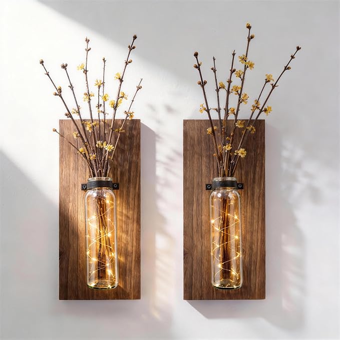 Heiple 2 Pack Wood Glass Wall Sconces, Farmhouse Planters for Indoor Plants, Rustic Decor for Living Room, Hanging Vase (Brown)